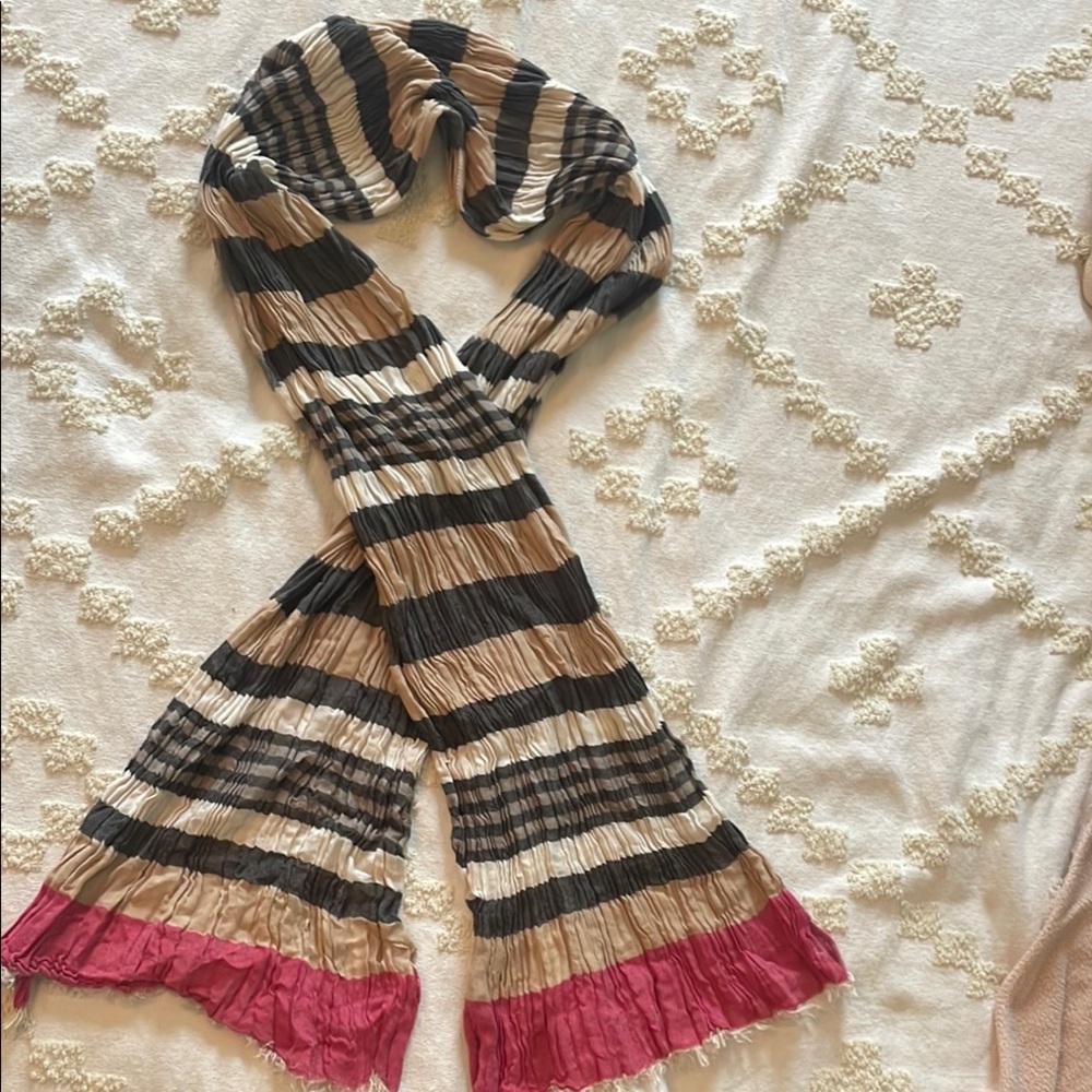 Coach Accordion Pleated  Striped Black and Tan Scarf with Pink Accent 9x74”